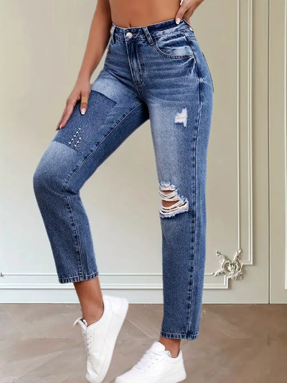 Blue Ripped Holes Straight Jeans, Non-Stretch Slant Pockets Embroidered Decor Tapered Jeans, Women's Denim Jeans & Clothing