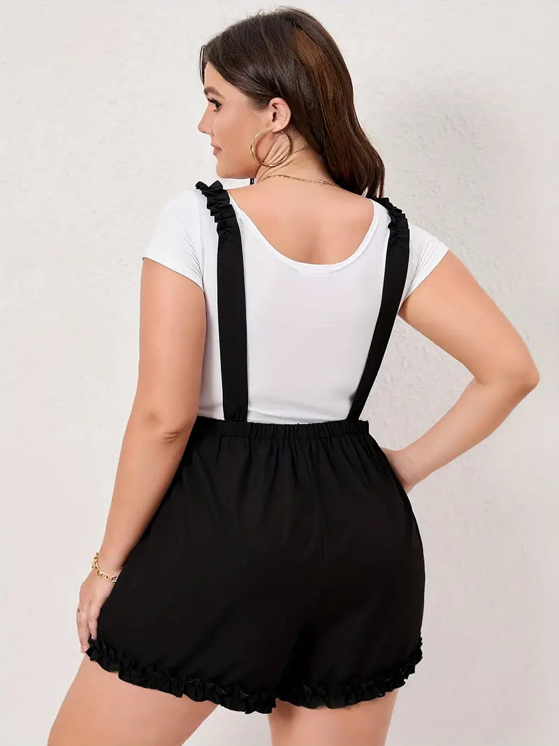 Plus Size Cute Overalls, Women's Plus Solid Lettuce Trim Backless Belted Romper With Out Tee