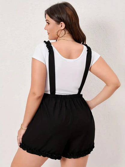 Plus Size Cute Overalls, Women's Plus Solid Lettuce Trim Backless Belted Romper With Out Tee