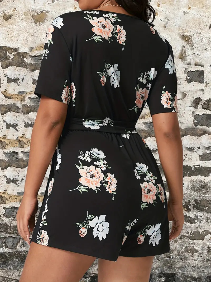 Plus Size Casual Romper, Women's Plus Floral Print Short Sleeve Surplice Neck Romper With Belt