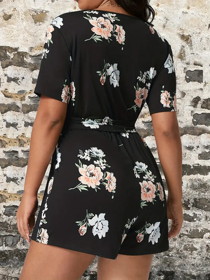 Plus Size Casual Romper, Women's Plus Floral Print Short Sleeve Surplice Neck Romper With Belt