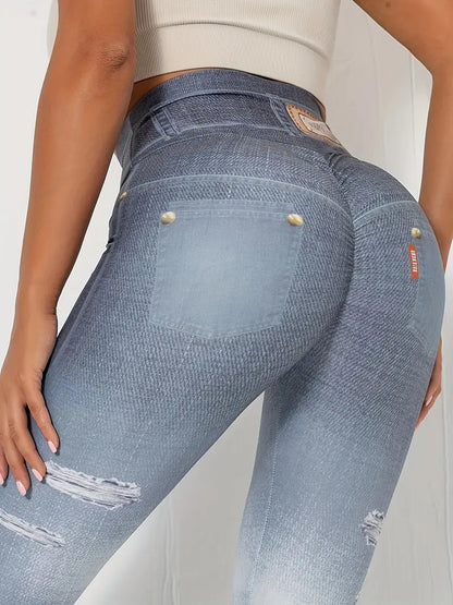 Denim Print High Waist Leggings, Sexy Slim Long Length Fake Pockets Leggings, Women's Clothing