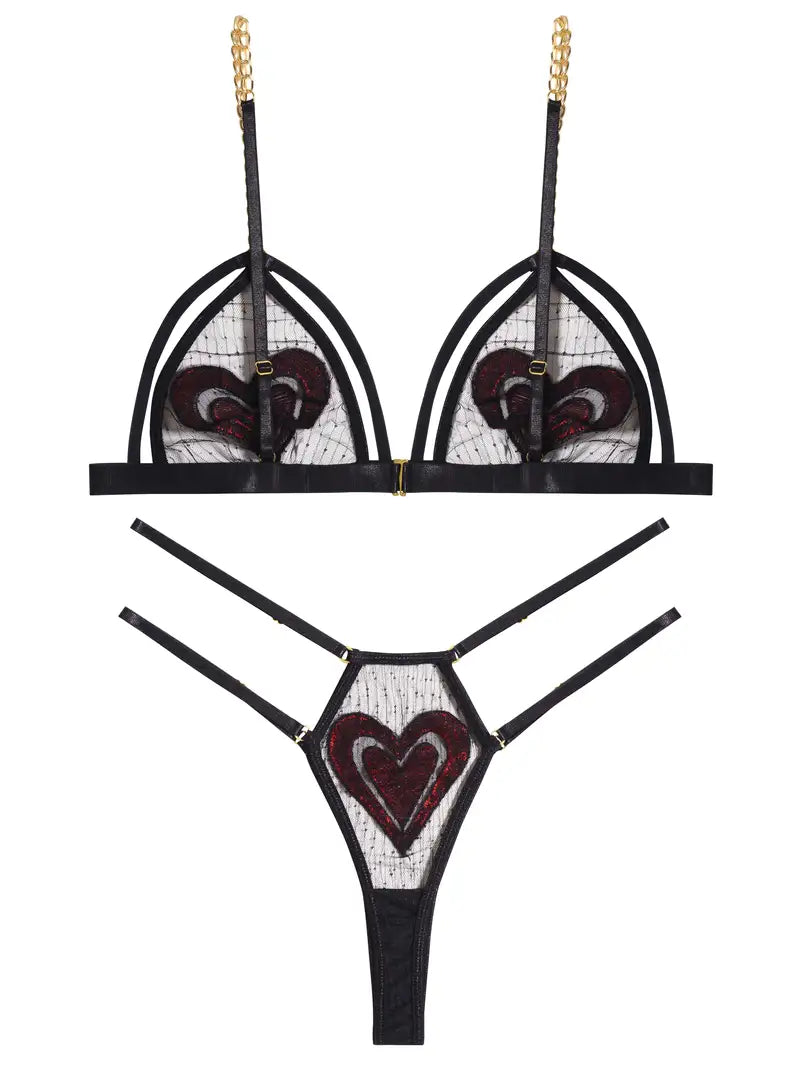 Plus Size Heart Print Contrast Mesh Semi Sheer Metal Strap Bra & Thong Set, Women's Plus Sexy Costumes, Sexy Lingerie