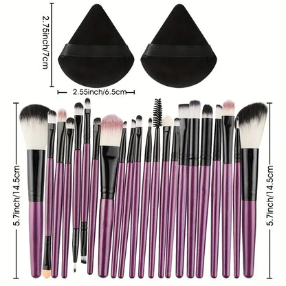 All-in-One 22-Piece Professional Makeup Brush Set + 2 Triangle Puffs - Nylon Bristles for Perfect Application: Foundation, Powder, Concealers, Eye Shadows, Blush, & More