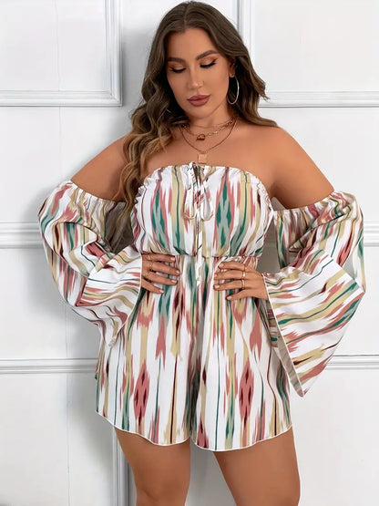 Plus Size Casual Romper, Women's Plus Colorful Stripe Print Off Shoulder Ruffle Sleeve Tie Front Tube Romper