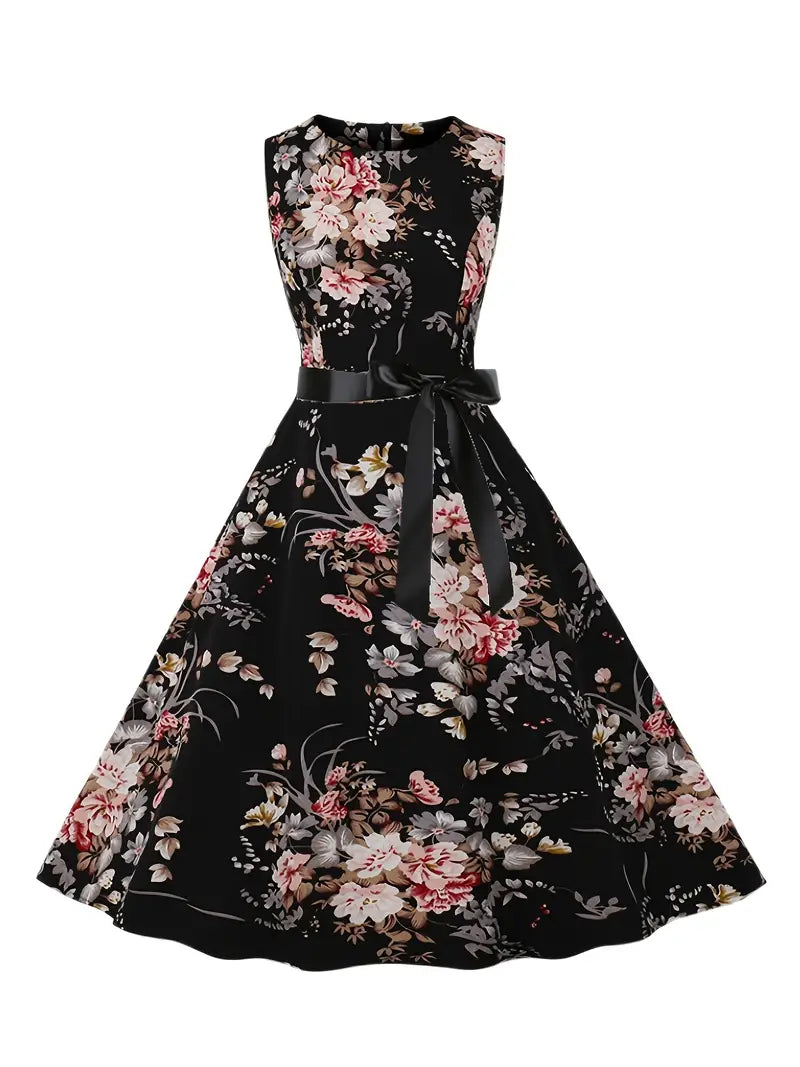 Floral Print Tie Front Dress, Vintage Elegant Crew Neck Sleeveless Tank Dress, Women's Clothing