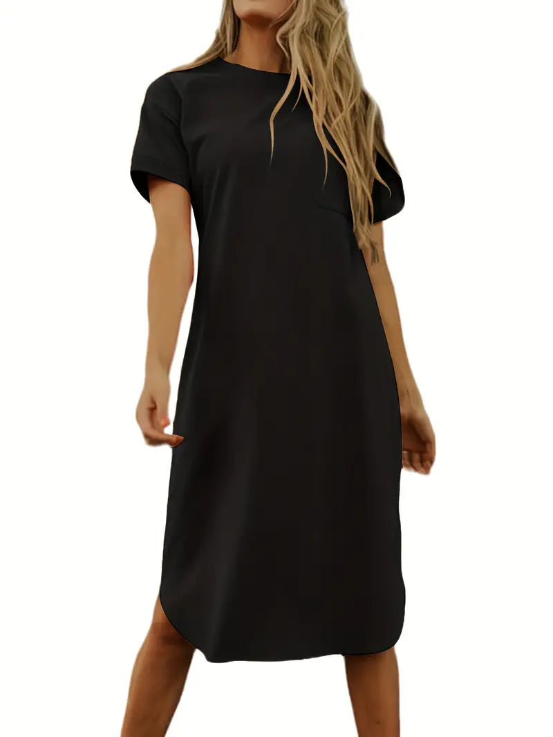 Crew Neck Mid Length Dress, Short Sleeve Solid Summer Pockets Dresses, Women's Clothing