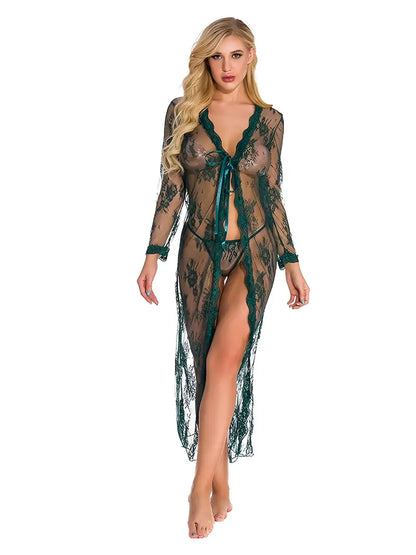 Lingerie For Women Long Lace Front Open Semi-Sheer Mesh Night Robe Sleep Lingerie