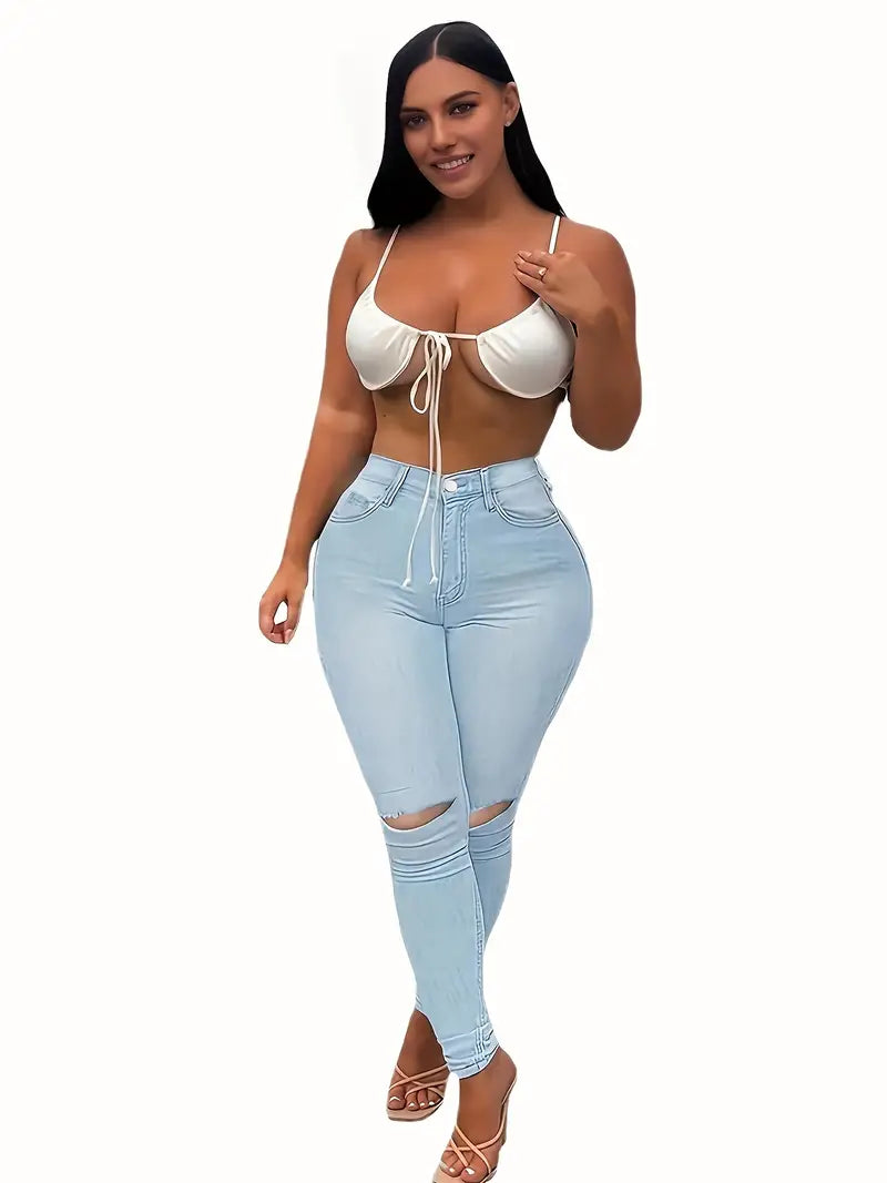 Jean déchiré bleu clair pour femme – Jean skinny empilé taille haute avec genoux découpés et taille haute effet vieilli 