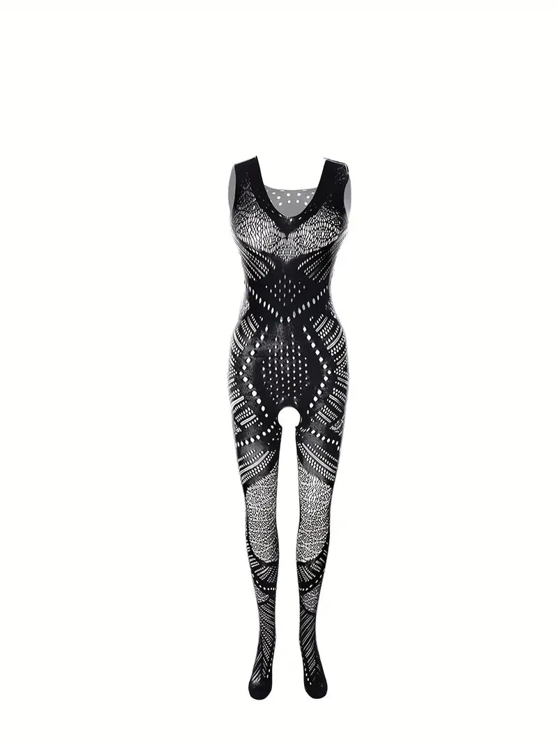 Sexy One-Piece Fishnet Bodystocking, Full-Body Long Sleeve Fishnet Body Suit, Women's Lingerie & Underwear