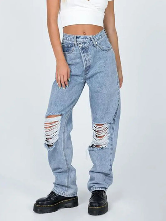 Ripped Holes Distressed Straight Jeans, Casual High Rise Wide Leg Baggy Denim Pants, Women's Denim Jeans & Clothing