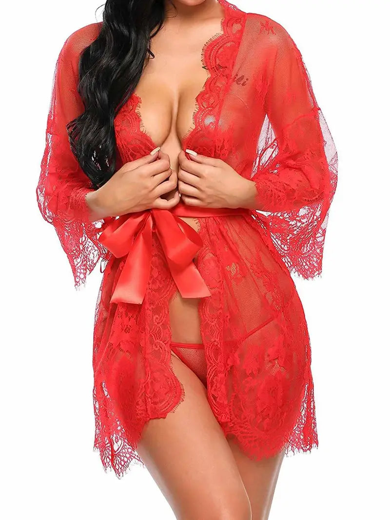 Sexy Floral Lace Cut Out Sleepwear, See Through Long Sleeve Short Robe With Belt & Thong, Women's Lingerie & Sleepwear