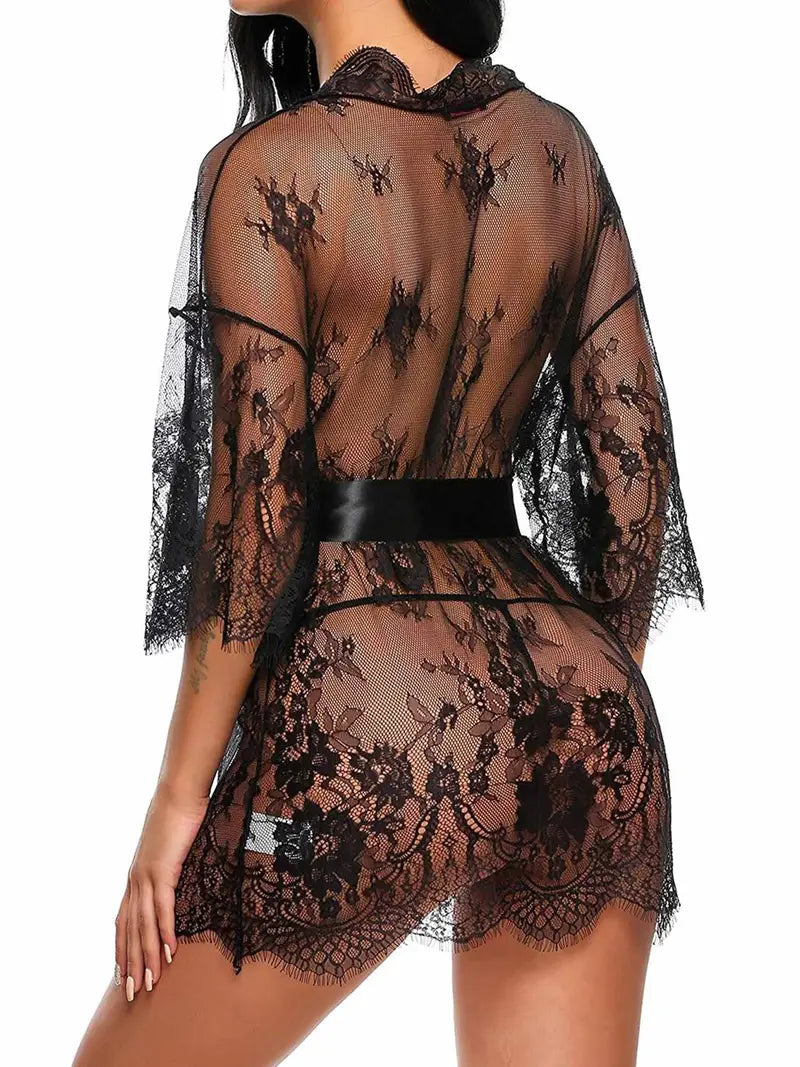 Sexy Floral Lace Cut Out Sleepwear, See Through Long Sleeve Short Robe With Belt & Thong, Women's Lingerie & Sleepwear