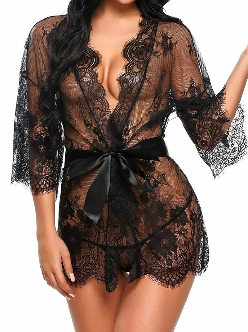 Sexy Floral Lace Cut Out Sleepwear, See Through Long Sleeve Short Robe With Belt & Thong, Women's Lingerie & Sleepwear