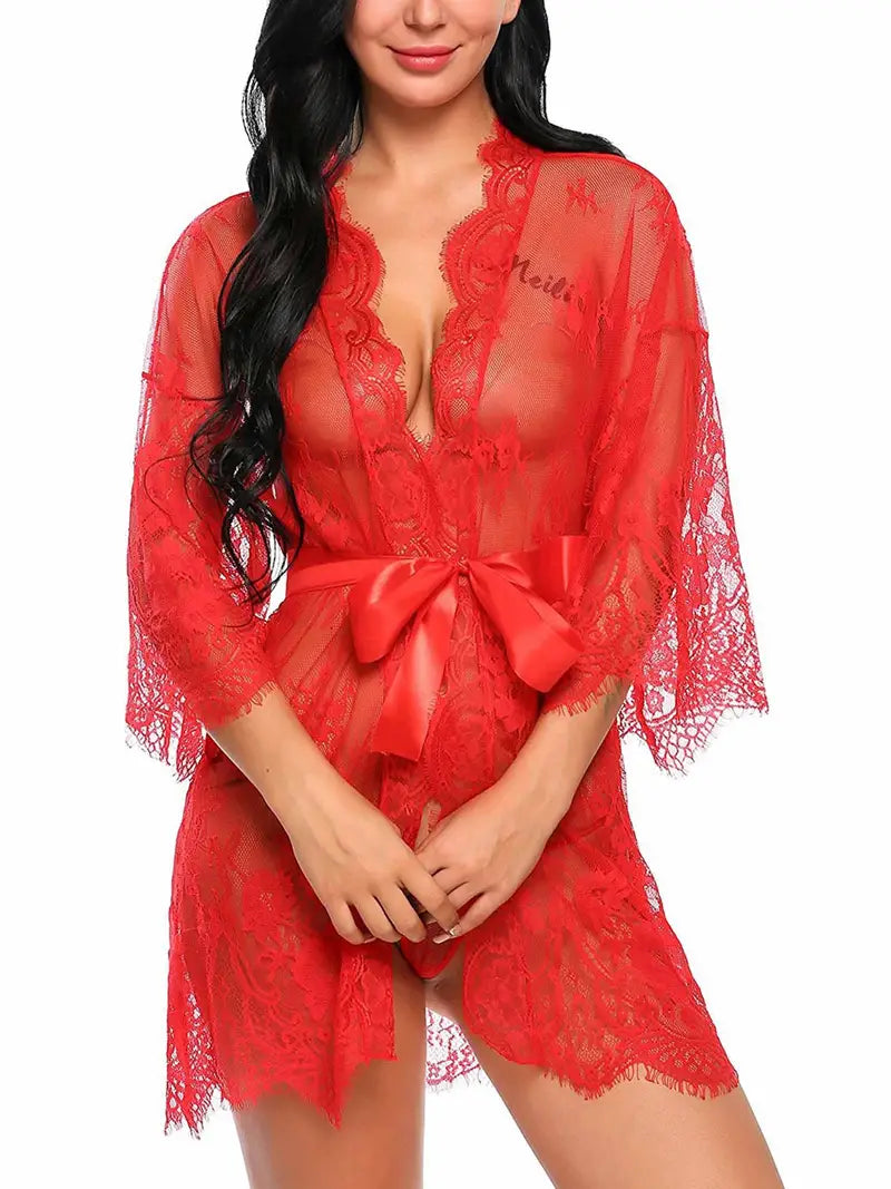 Sexy Floral Lace Cut Out Sleepwear, See Through Long Sleeve Short Robe With Belt & Thong, Women's Lingerie & Sleepwear