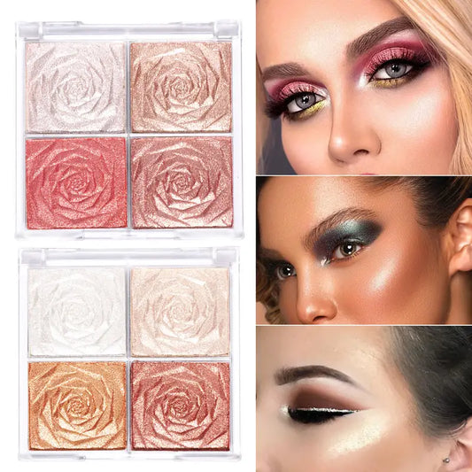 Long-Lasting Rose Highlighter Palette With Glitter And Shimmer - Perfect For Contouring And Brightening Your Face, Valentine's Day Gift