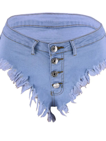 Blue Low Rise Mini Denim Shorts, High-Stretch Single-Breasted Button Denim Shorts, Daisy Duke Style, Women's Denim Jeans & Clothing