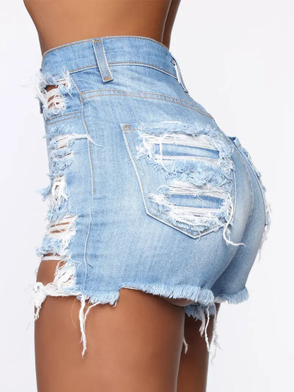 Plus Size Sexy Denim Shorts, Women's Plus Washed Ripped High Leg Cut Button Fly Denim Shorts