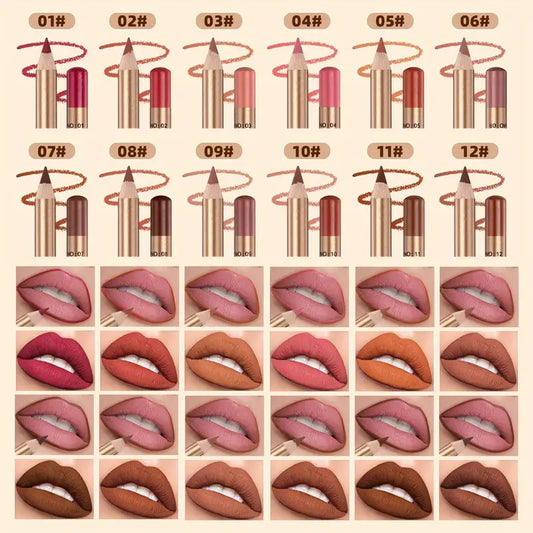 12 Colors Matte Lip Liner Set Highlights The Color Not Easy To Smudge Lasting Non-stick Cup Golden Tube Waterproof Matte Lip Liner Women's Makeup Valentine's Day Gifts