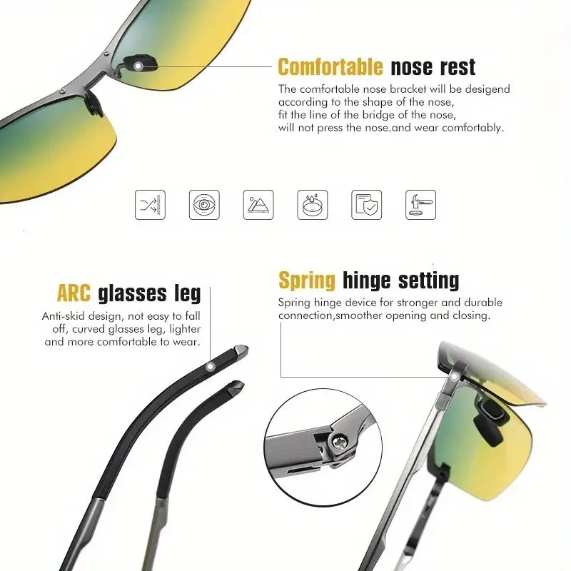 Trendy Night Vision Half Rim Sunglasses: Unisex Metal Frame, Ideal for Outdoor Events, Parties & Travel - Casual Style with Durable TAC Lens