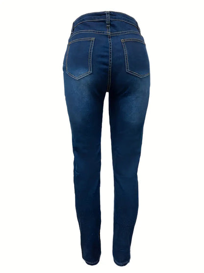 Blue Ripped Holes Skinny Jeans, Slim Fit Slash Pockets Mid-Stretch Distressed Denim Pants, Women's Denim Jeans & Clothing