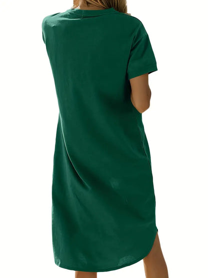 Crew Neck Mid Length Dress, Short Sleeve Solid Summer Pockets Dresses, Women's Clothing