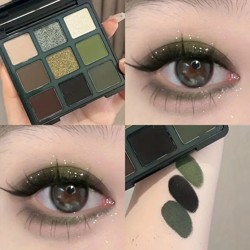 9-Color Eyeshadow Palette: Matte, Radiant & Safe. Dramatic Black, Olive Green Shades. Your Chic Route to Unleash Retro Smokey Looks