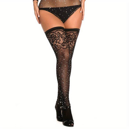 Plus Size Sexy Stockings, Women's Plus Rhinestone Decor Floral Jacquard Fishnet Sparkly Thigh High