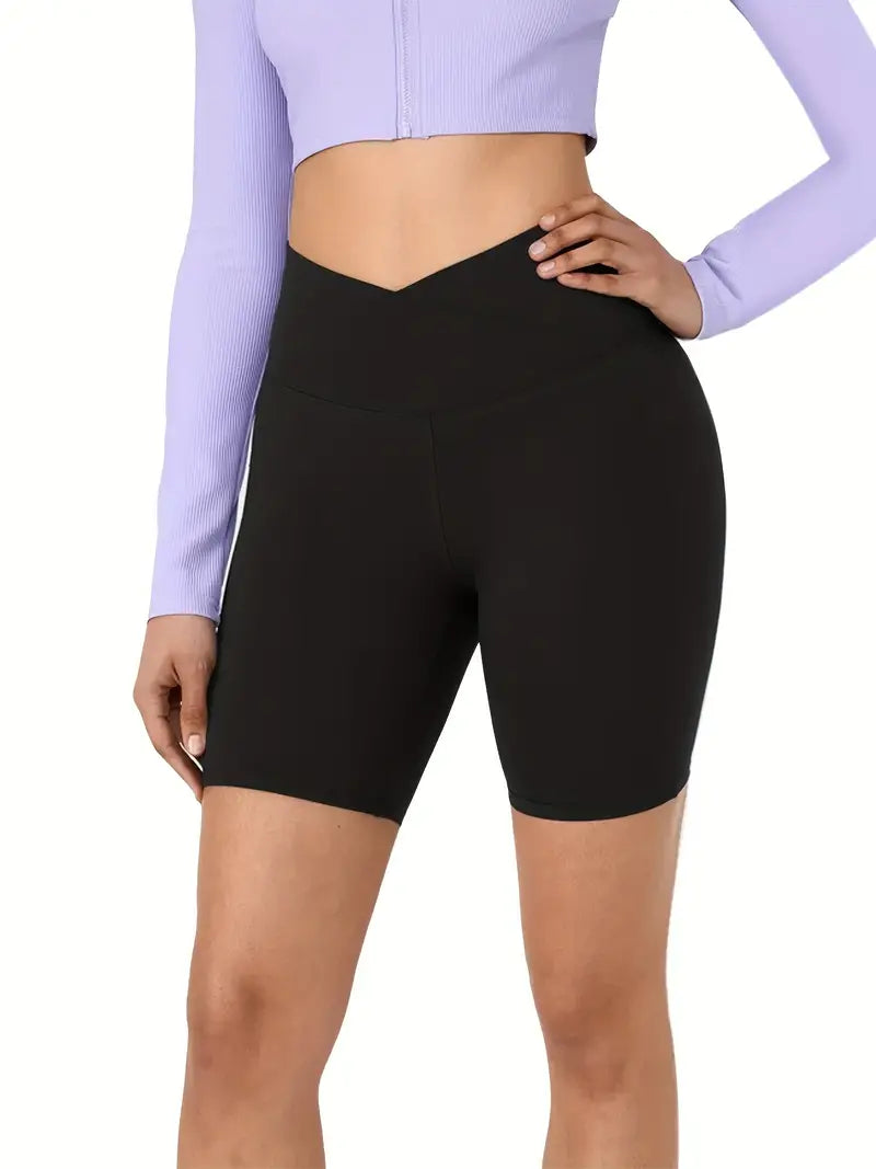 Women's Activewear: Crossover Waist Solid Biker Shorts for Comfort and Style During Workouts and Yoga!