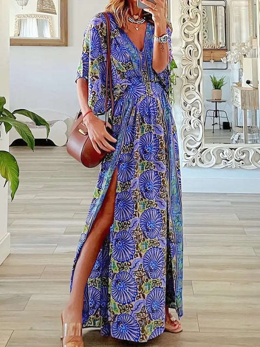 Graphic Print V Neck Split Maxi Dress, Boho Elastic Waist Short Sleeve Dress For Spring & Summer , Women's Clothing