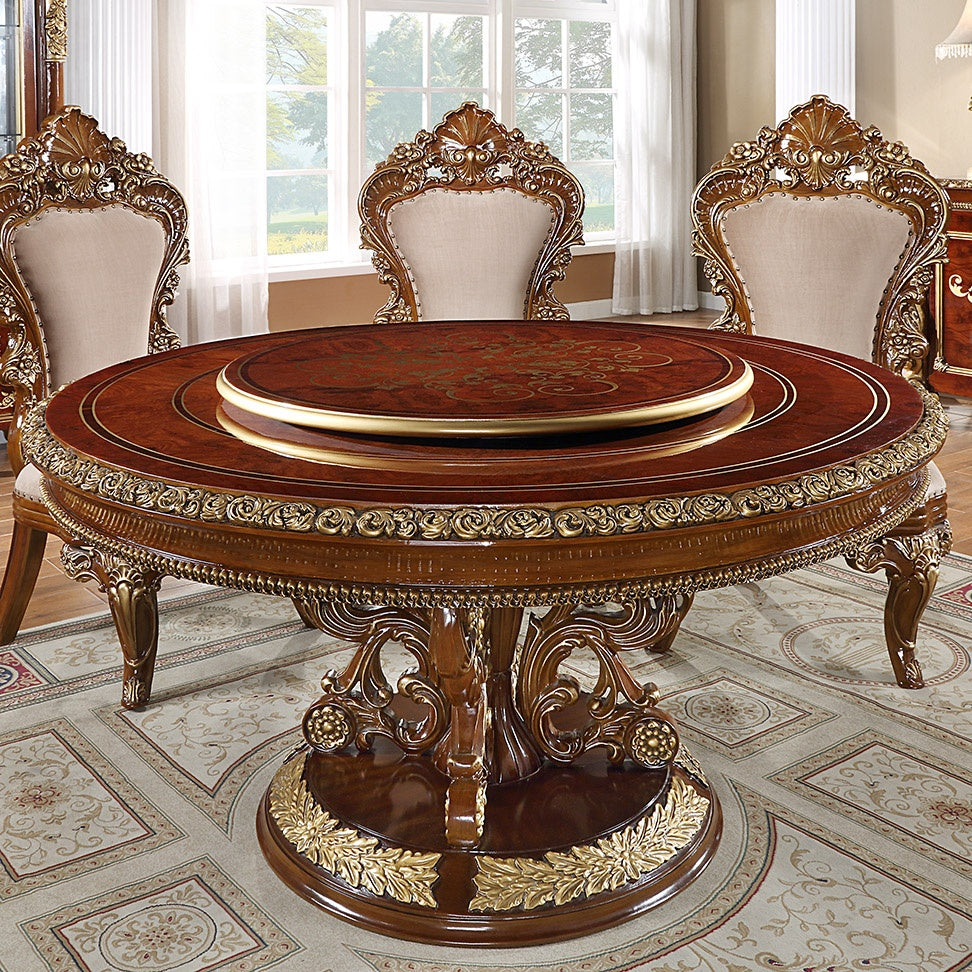 5pc Round Dining Room Set in Burl / Metallic Antique Gold