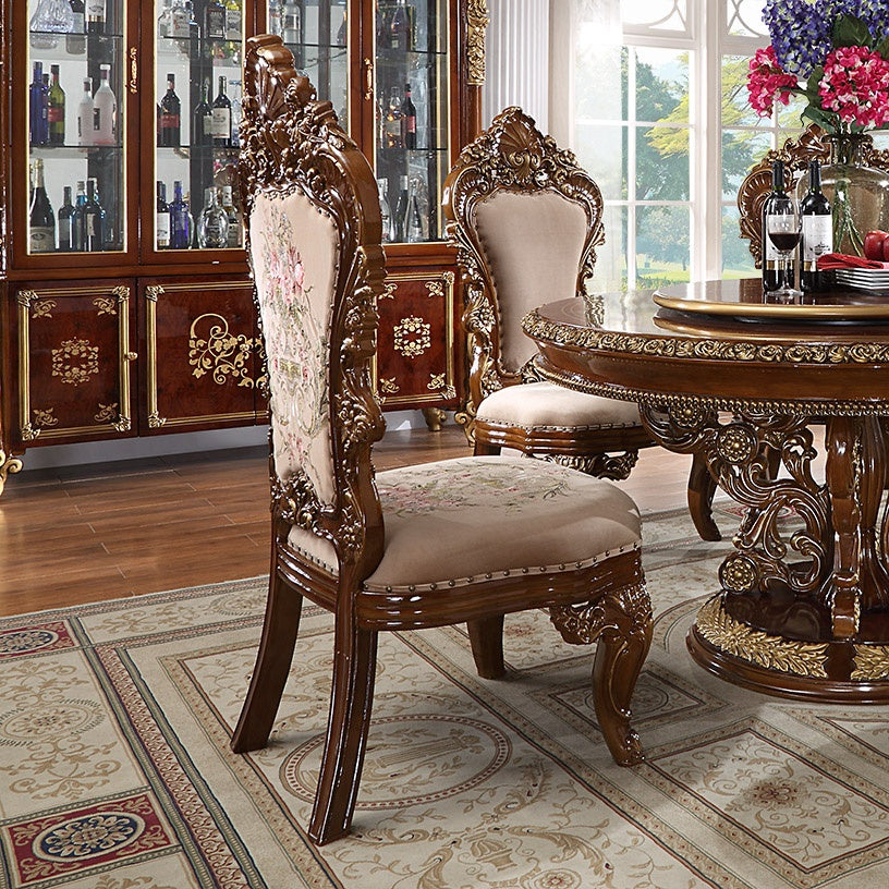 5pc Round Dining Room Set in Burl / Metallic Antique Gold