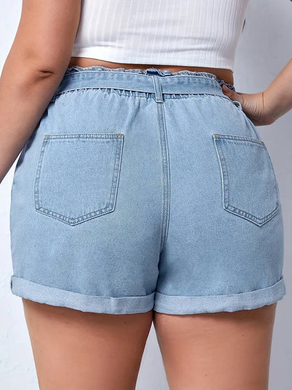 Plus Size Casual Denim Shorts, Women's Plus Solid Elastic Paperbag Waist Roll Hem High Rise Denim Shorts With Belt