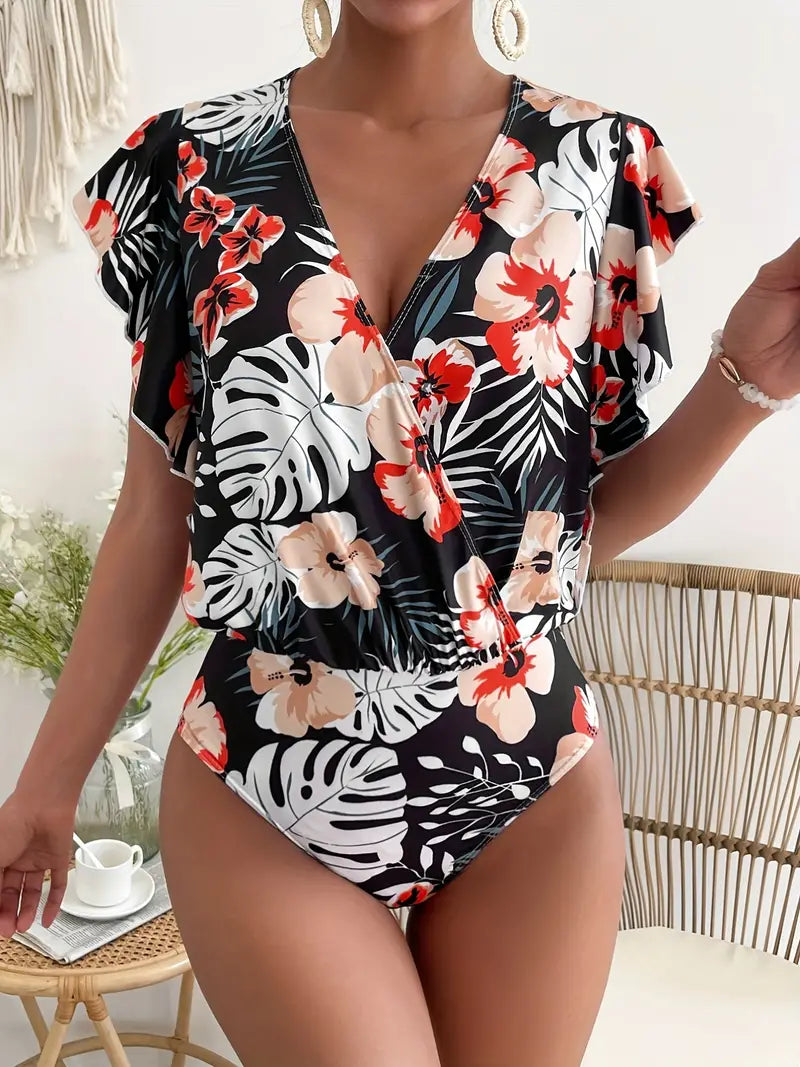 Floral Print Ruffle Hem Bodysuit, Sexy V-neck One Piece Bodysuit, Women's Clothing