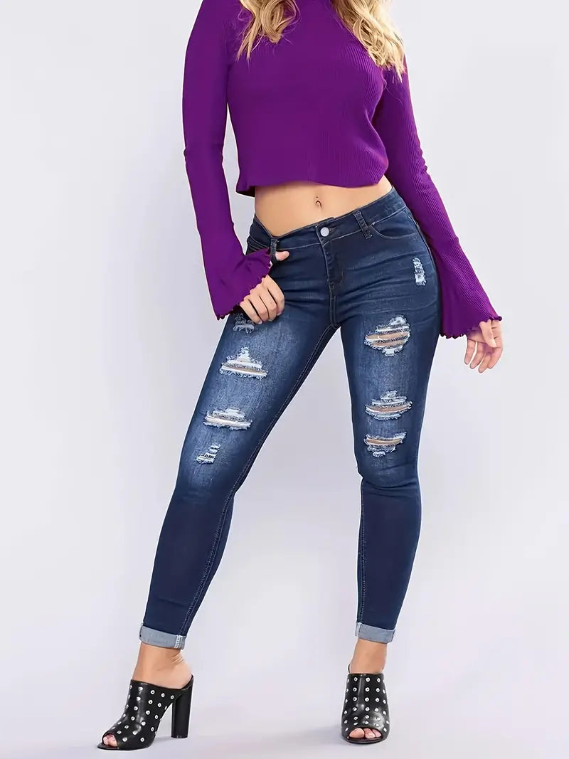 Jean skinny déchiré bleu marine pour femme – Coupe slim, pantalon en denim hautement extensible pour un maximum de confort et de style. 