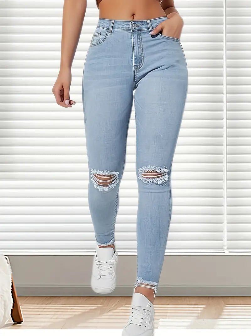 Women's High Rise Ripped Skinny Jeans - Distressed Cut Out Knee & Raw Hem Denim Pants