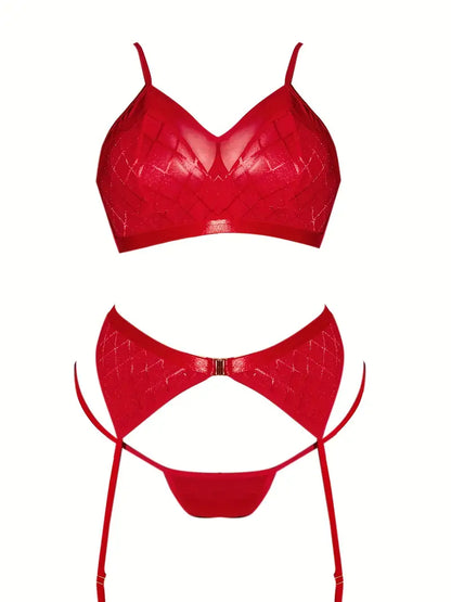 Plus Size Sexy Lingerie Set, Women's Plus Geometric Print Contrast Mesh Bra & Thong Lingerie Two Piece Set