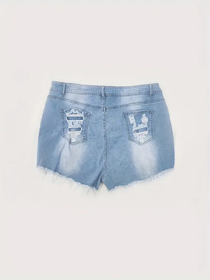 Short en jean sexy grande taille, short en jean délavé déchiré à jambe haute et braguette boutonnée pour femme 