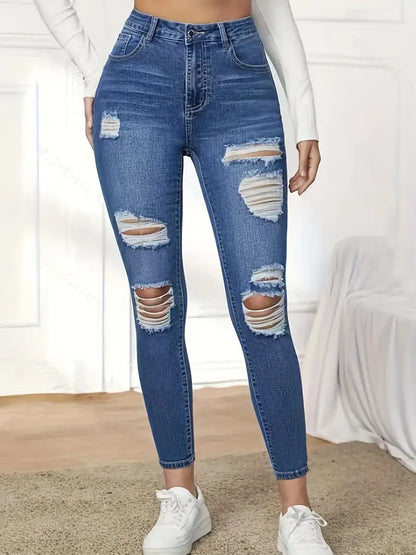 Ripped High Waist Skinny Jeans, Stretchy Solid Color Distressed Denim Pants, Women's Denim Jeans & Clothing