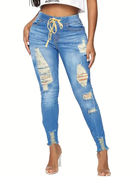 Blue Elastic Waist Skinny Jeans, Ripped Holes Frayed Hem Distressed Slim Fit Denim Pants, Women's Denim Jeans & Clothing