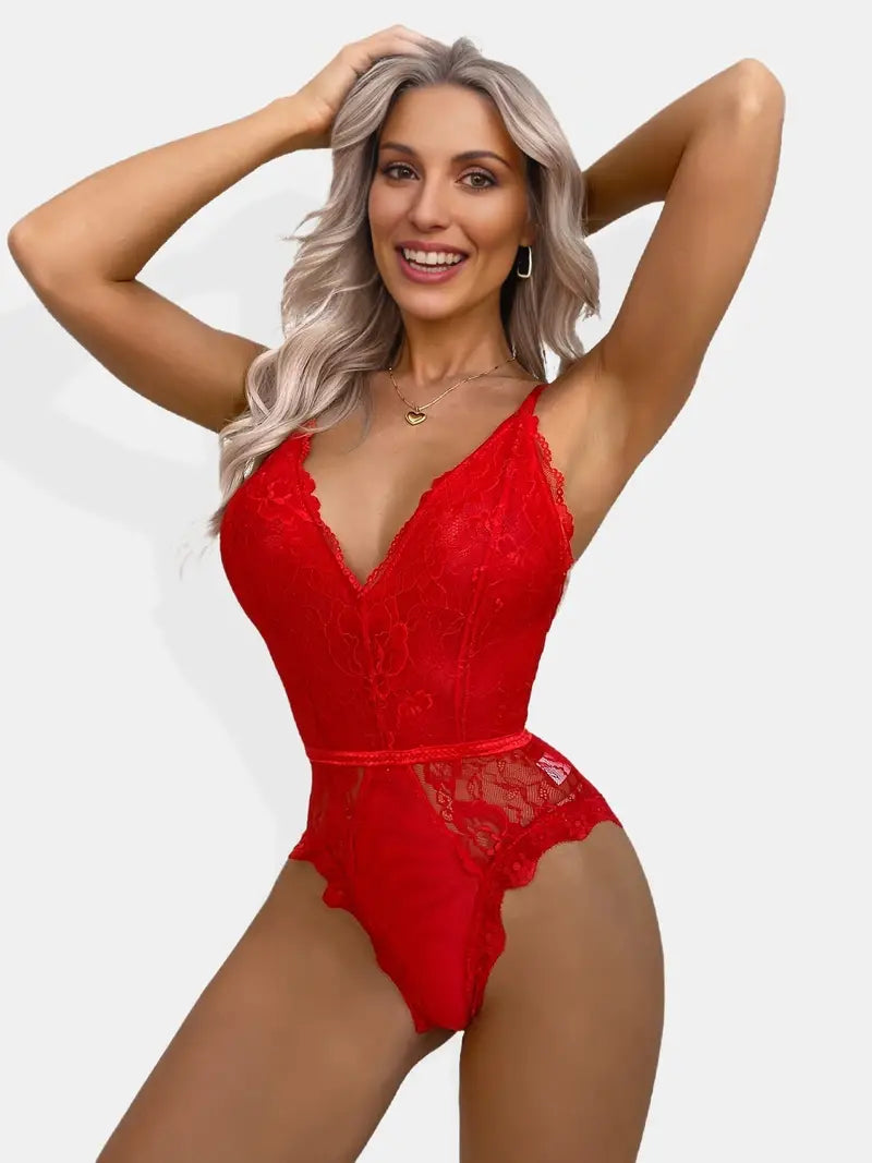 Body de encaje sexy con entrepierna a presión para mujer, Babydoll de encaje de una pieza con escote en V profundo 