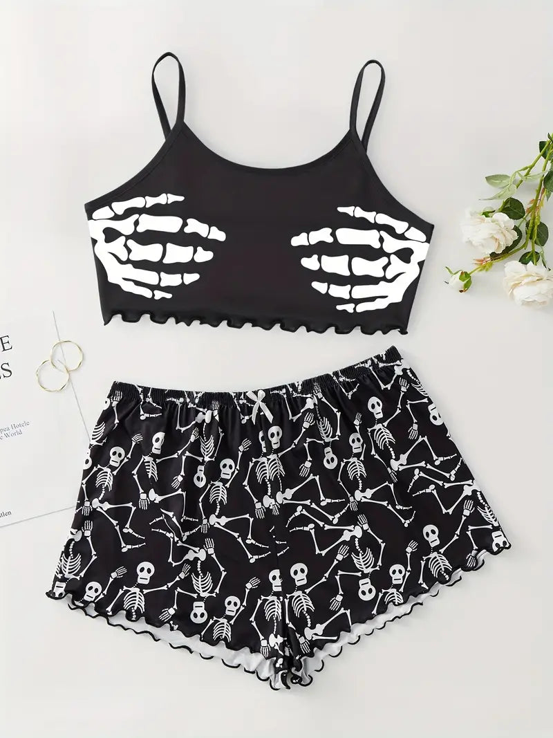 Plus Size Skull Print Cami Top & Shorts Pajama Set, Women's Plus Slight Stretch Gothic Loungewear 2pcs Set, Women Plus Size Two Piece Set