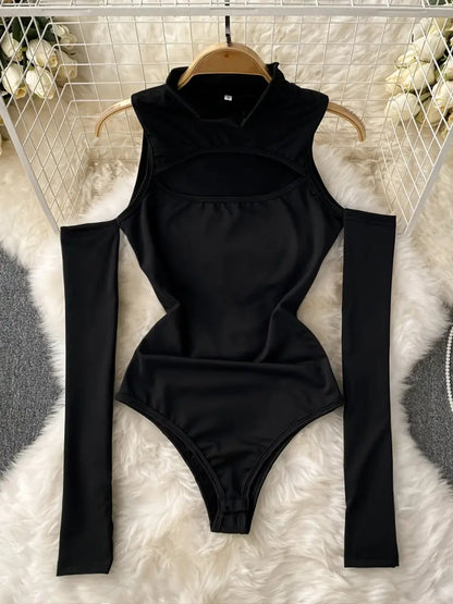 High Neck Cold Shoulder Bodysuit, Long Sleeve Sexy Cut Out Casual Bodysuit For Spring & Fall, Women's Clothing