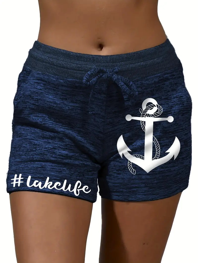 Women's Summer Casual Shorts: Anchor Print Drawstring Elastic Waist Shorts