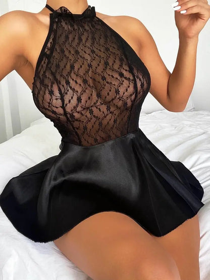 Women's Lace Satin Contrast A-line Lace Up Back ,Sexy Lingerie Dresses