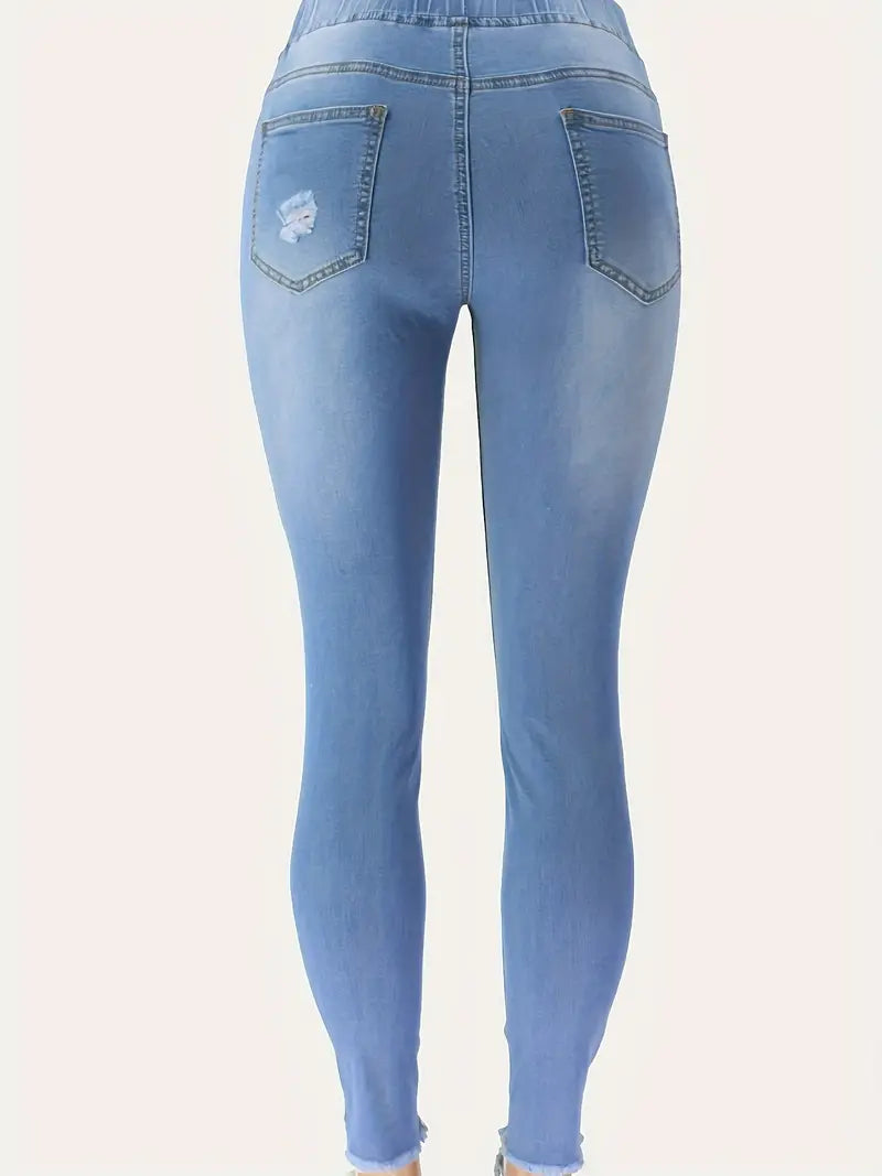 Light Blue Ripped Skinny Jeans, Slim Fit Distressed Raw Hem Elastic Waist Denim Pants, Women's Denim Jeans & Clothing