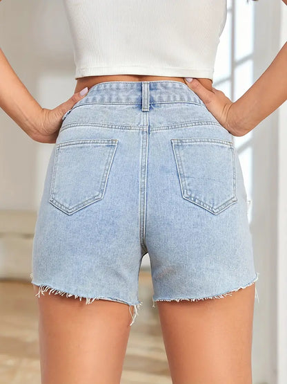 Blue Ripped Holes Denim Shorts, Expression Pattern Distressed High Waist Casual Denim Shorts, Women's Denim Jeans & Clothing