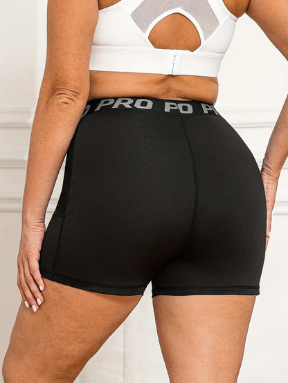 Plus Size Sports Shorts, Women's Plus Letter Tape Pipping Contrast Mesh High Rise High Stretch Skinny Shorts With Pockets