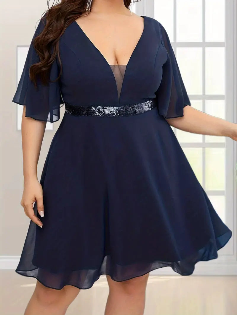 Plus Size Sexy Bridesmaid Dress, Women's Plus Sequin Ruffle Sleeve Deep V Neck Layered Swing Wedding Dress