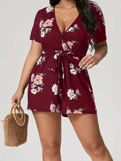 Plus Size Casual Romper, Women's Plus Floral Print Short Sleeve Surplice Neck Romper With Belt